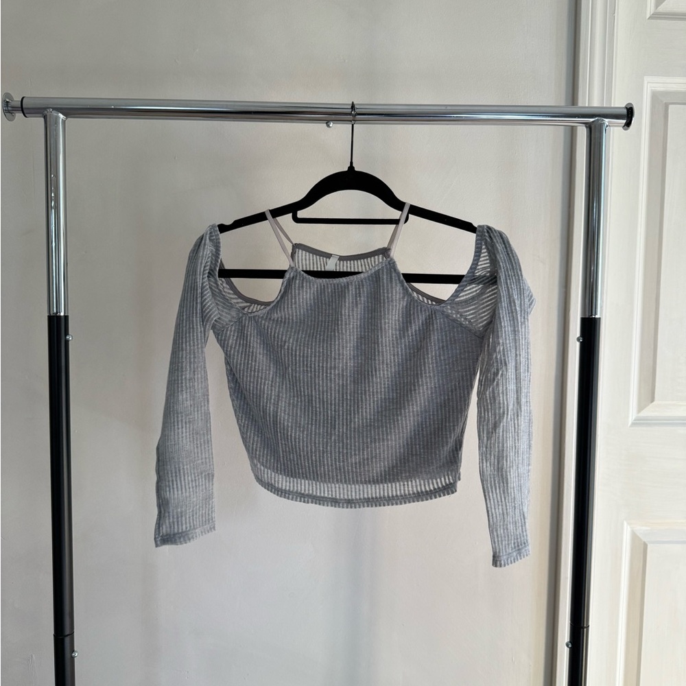 Sage Gray Ribbed Cut-Out Crop Top